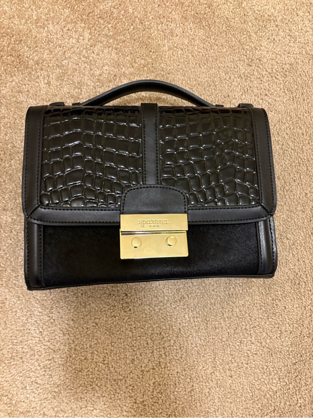 โ Spartina 449 Black Patent Croc Flap Top Handle Purse Gold Hardware OSโ
